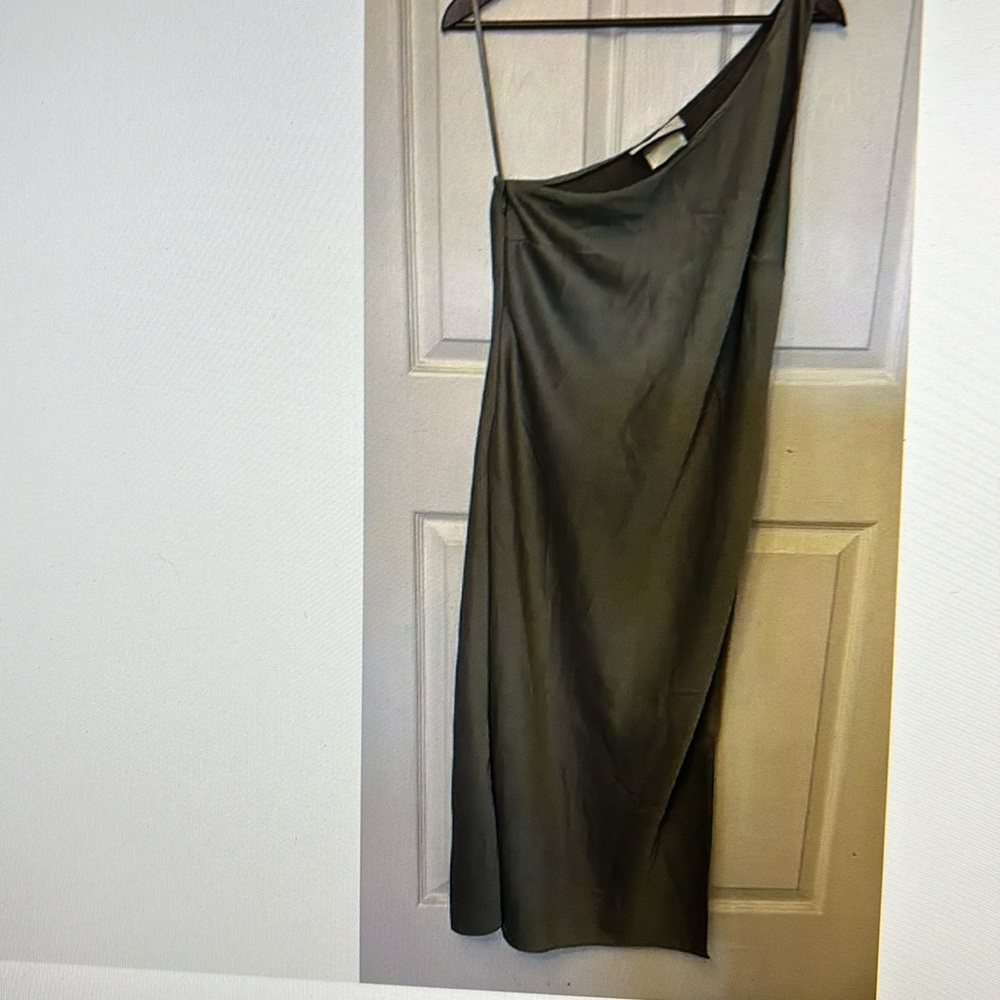 BHLDN Anthropologie Moss Green AUDRIE one- shoulder Satin Midi Dress 12 Romantic